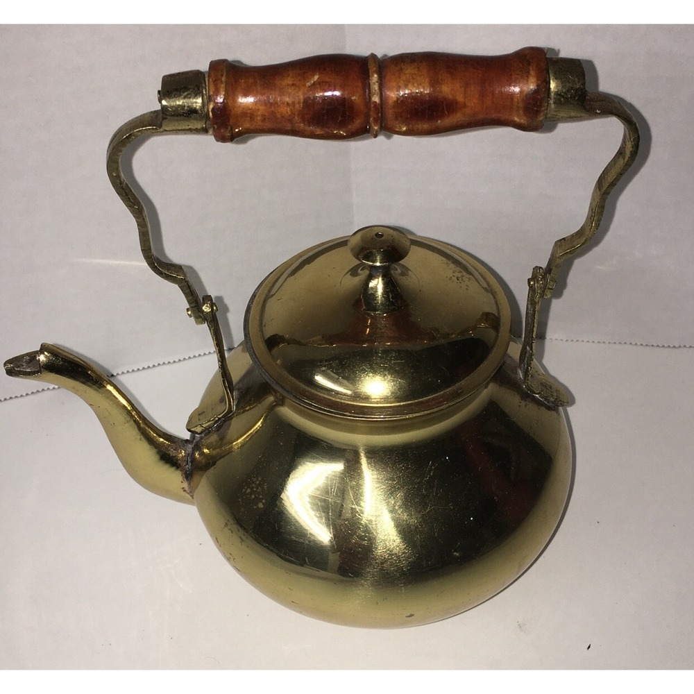 Vintage Decorative Use Only Collectible Brass Finish Tea Kettle With Wood Handle